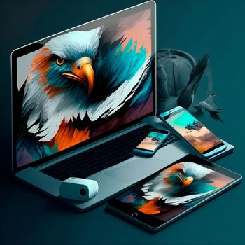 The eagle breaks out of the phone, tablet, laptop. Design, graphics.Image on tablet and phone side by side, graphics, graphic design. High quality illustration