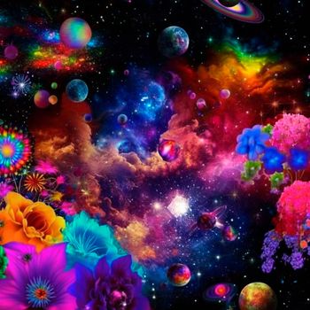 space background with different elements of rainbow colors. High quality illustration