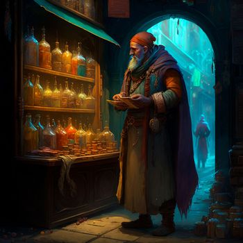 A mysterious man in a medieval market in the style of fantasy. High quality illustration