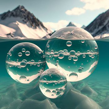 Transparent water spheres against a stunning backdrop of mountains and water. Reflection of the landscape and elements inside the spheres. High quality illustration