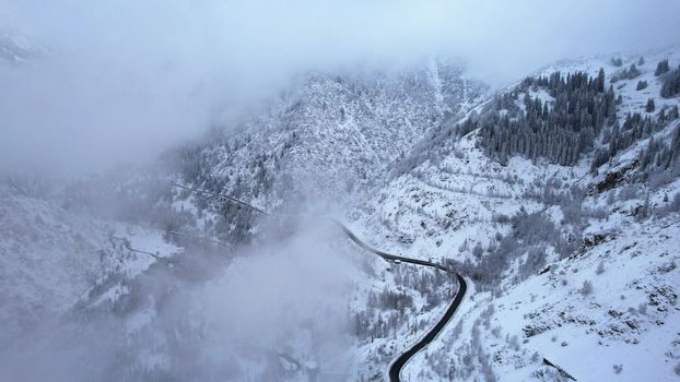 Snowy mountains with coniferous trees in the clouds. Medeo Dam. Everything is in fog and snow. Christmas and New Year have come. Aerial view from the drone on road, dam and trees. Almaty, Kazakhstan