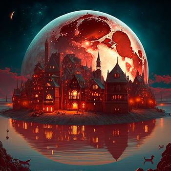 A cartoon image of a fantasy town against the background of a huge red moon. High quality photo