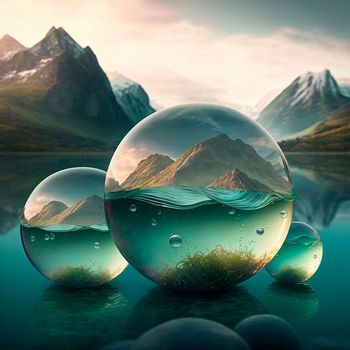 Transparent water spheres against a stunning backdrop of mountains and water. Reflection of the landscape and elements inside the spheres. High quality illustration