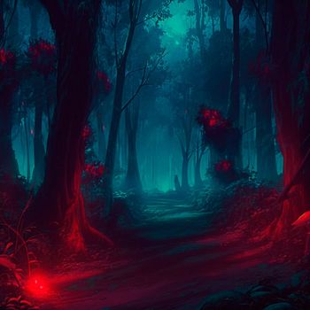 Scary night forest with red light. High quality illustration