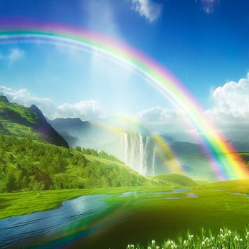 summer landscape with rainbow and waterfall. High quality illustration