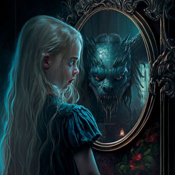 he girl sees a monster in the mirror instead of her reflection. High quality illustration