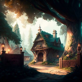 Cozy fairytale town in fantasy style. High quality illustration