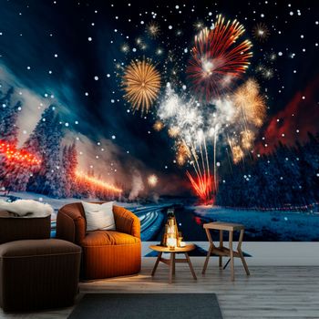 Bedroom with wallpaper depicting the night sky in fireworks. High quality illustration