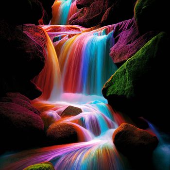 mountain stream with water shimmering with rainbow colors. High quality illustration