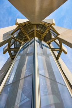 Image of Looking up at tower architecture in Bloomington Indiana University campus