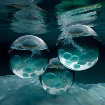 Transparent water spheres against a stunning backdrop of mountains and water. Reflection of the landscape and elements inside the spheres. High quality illustration