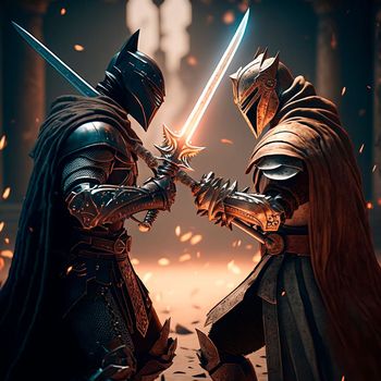 epic cinematic battle of two warriors in armor. High quality illustration