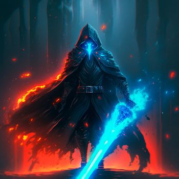 Mysterious black knight with a flaming sword in anime style. High quality illustration