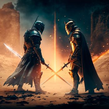 epic cinematic battle of two warriors in armor. High quality illustration