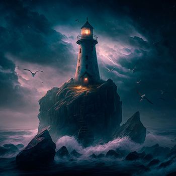 Lighthouse on a rock in stormy weather. High quality illustration