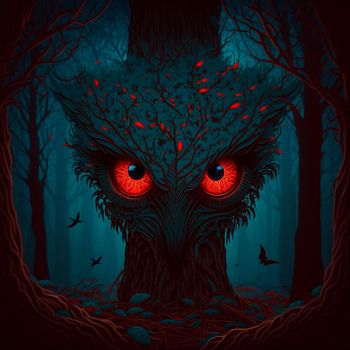 A big monster with red eyes in a mystical forest. High quality illustration