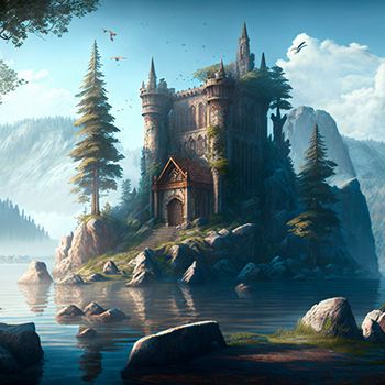 Mystical mysterious ruins on the lake islands. High quality illustration