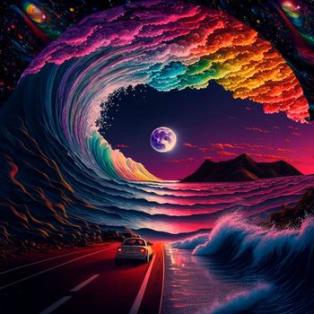 The car leaves on the road to the sea. night beach with beautiful iridescent waves of different colors. High quality illustration