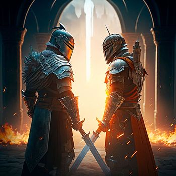 epic cinematic battle of two warriors in armor. High quality illustration