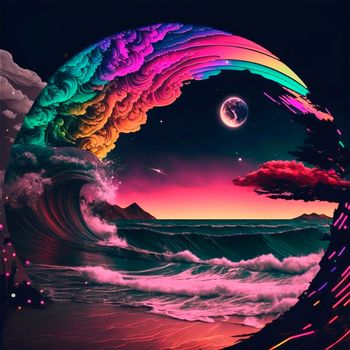 night beach with beautiful iridescent waves of different colors. High quality illustration