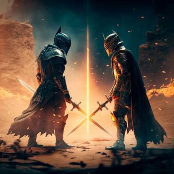 epic cinematic battle of two warriors in armor. High quality illustration