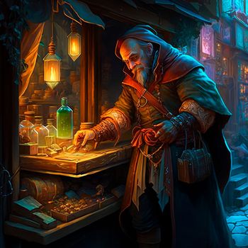 A mysterious man in a medieval market in the style of fantasy. High quality illustration