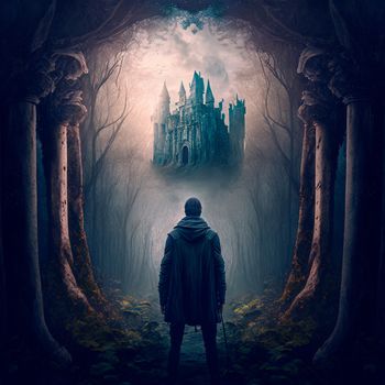 A man walks to the ruins of an ancient castle. High quality illustration