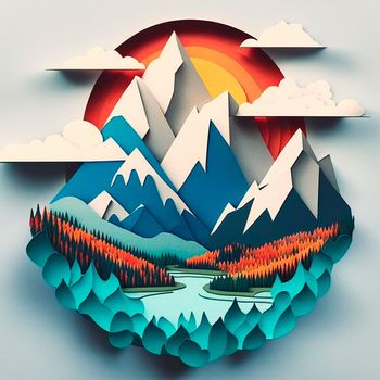 multi-layered crafts made of paper. Mountains, trees, forest and clouds. High quality illustration