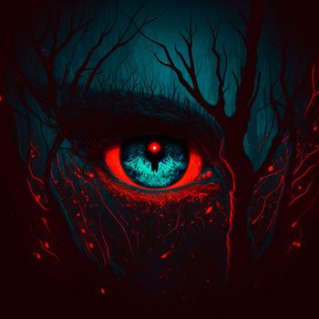 Big red eyes against the background of a gloomy mystical fores. High quality illustration