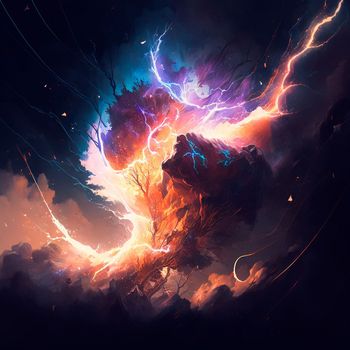 Abstract image of the energy of fire and lightning, which mix into something unified. High quality illustration