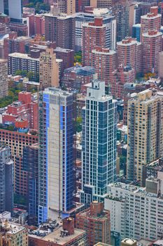 Image of Looking down at skyscrapers in New York City from above in overlook