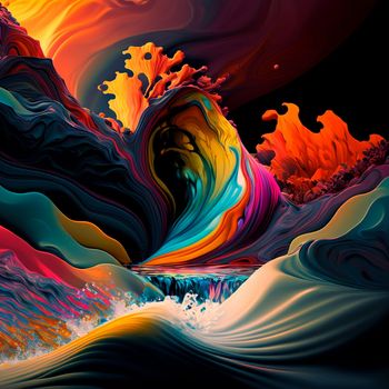 A rainbow stream splashes in the mountains. High quality illustration