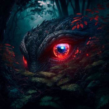 Big red eyes against the background of a gloomy mystical fores. High quality illustration