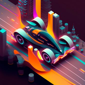 Neon racing car of the future rushes along the roads of the night city. Backlight, neon, isometry. High quality illustration