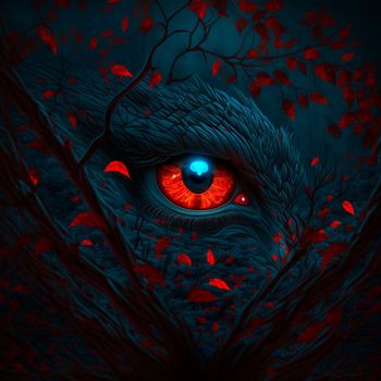 Big red eyes against the background of a gloomy mystical fores. High quality illustration