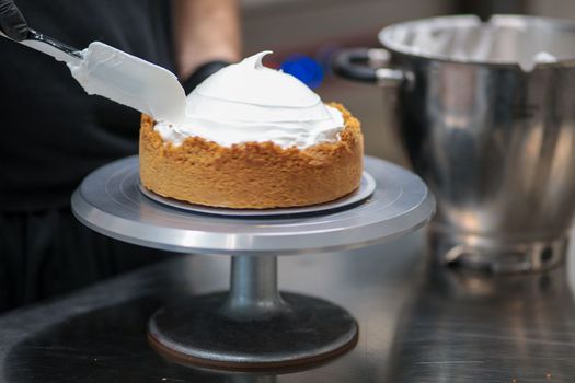 catering chef preparing key lime pie in pro kitchen