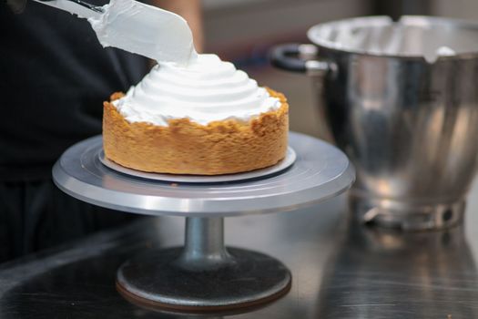 catering chef preparing key lime pie in pro kitchen