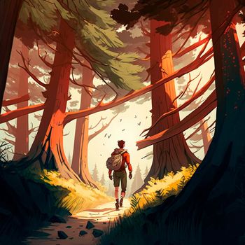 Bright, beautiful illustration of a traveler with a backpack. Tourist in the forest. High quality illustration