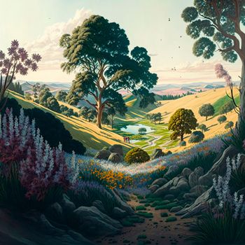 landscape of trees, fields and mountains. High quality illustration