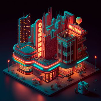 Life in the neon city at night. Bright lights, cars, cafes. Backlight, neon, isometry. High quality illustration