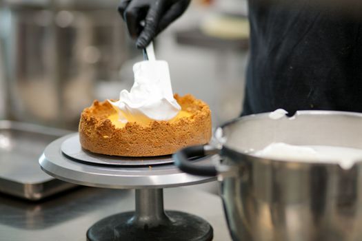 catering chef preparing key lime pie in pro kitchen