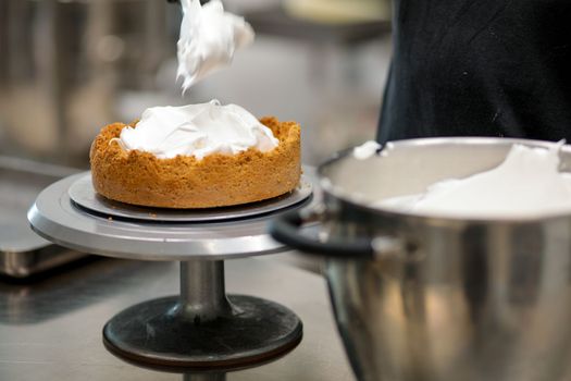 catering chef preparing key lime pie in pro kitchen