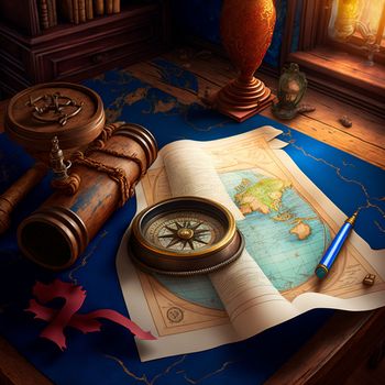 travel map and compass on the table, pirate map. High quality illustration