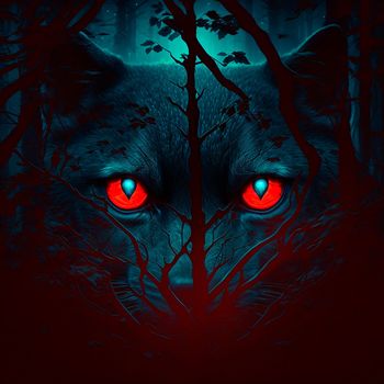 Big red eyes against the background of a gloomy mystical fores. High quality illustration