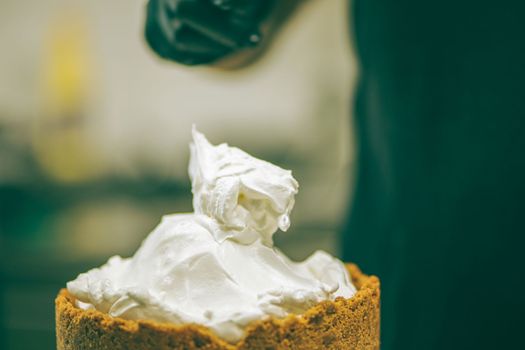 catering chef preparing key lime pie in pro kitchen