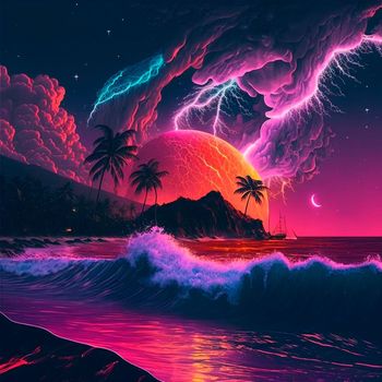 night beach with beautiful iridescent waves of different colors. High quality illustration