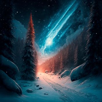 Bright starry sky in the winter forest . High quality illustration