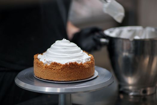 catering chef preparing key lime pie in pro kitchen