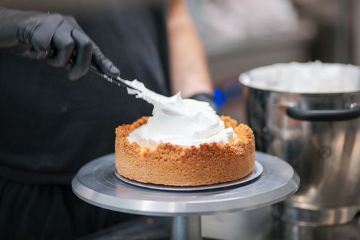 catering chef preparing key lime pie in pro kitchen