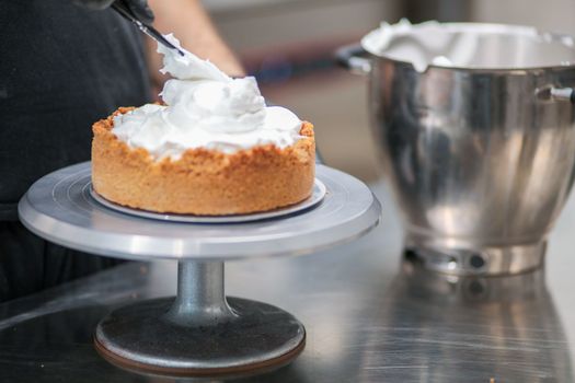 catering chef preparing key lime pie in pro kitchen